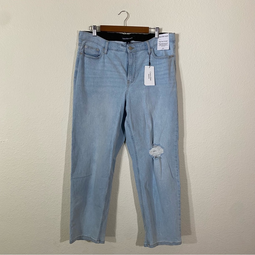 Calvin Klein Jeans sz:18W High-Rise Straight Light Blue Distress Knee Jeans